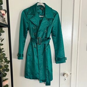 BEBE Vintage Y2K Satin Emerald Green Belted Trench Coat